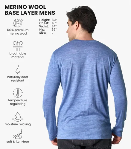 Vista 24 de Camisas 100% de lana merino para hombre - Camisa térmica de manga larga .190 Azul oscuro