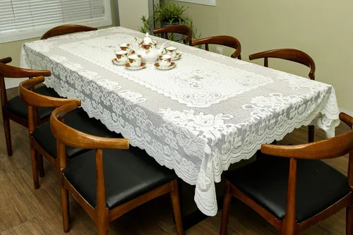 Vista 2 de GEFEII Mantel rectangular de encaje blanco para mesa rectangular, manteles de encaje de ganchillo, manteles de mesa oblongos, mantel de encaje