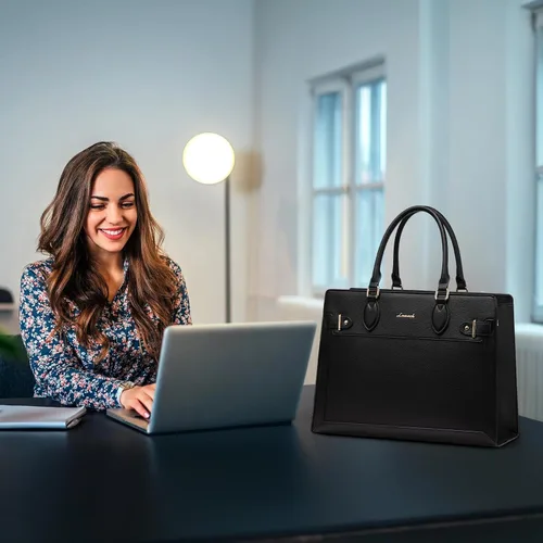 Vista 3 de LOVEVOOK Bolsa para laptop para mujeres, Bolsa tote grande de cuero PU de 15.6 pulgadas, Bolsa de trabajo profesional para maestras, Maletín