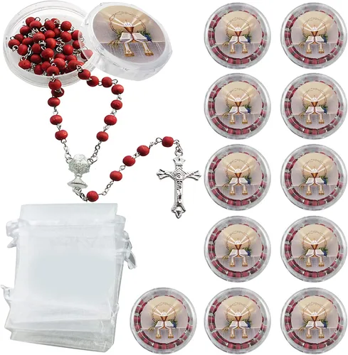 Vista 9 de Recuerdo de rosario perfumado para la Primera Comunión – 12 rosarios con caja de regalo individual y bolsa de organza., Madera, No es una piedra