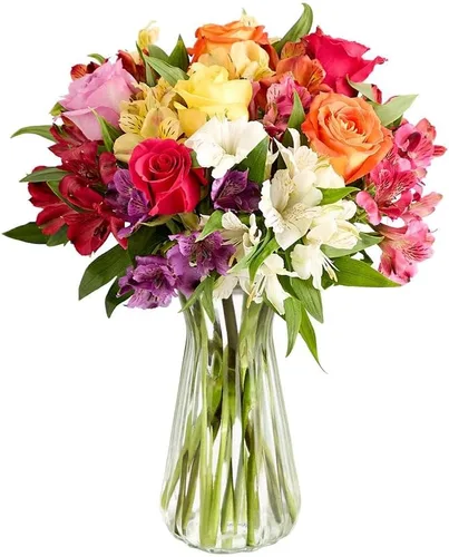 Vista 9 de 1800 flores – Ramo doble surtido de rosas brillantes y lirios peruanos (florero transparente incluido) – Flores frescas para entrega – Regalo