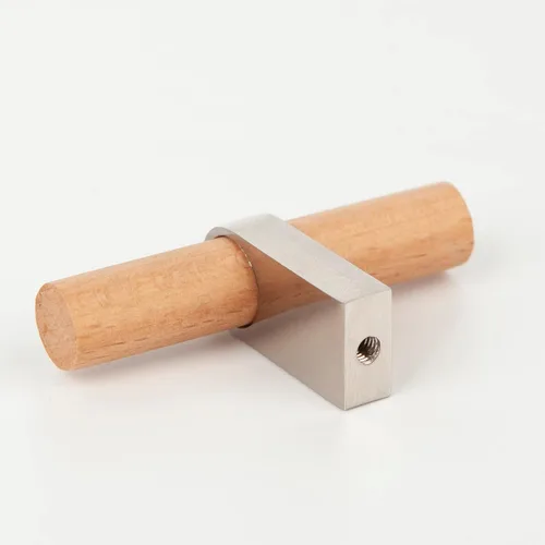 Vista 7 de Tiradores y perillas de madera para cajones, paquete de 4 manijas de madera natural y metal para gabinetes de cocina, tiradores de barra en T