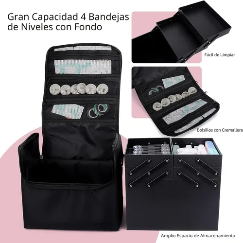 Vista 3 de Deciniee Estuche de maquillaje, Negro, Color puro Nail Organizer Case-Adjustable Dividers, Waterproof, Detachable Shoulder Strap, Portable