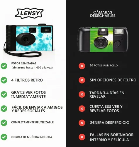 Vista 2 de LENSY Cámara Digital Sin Pantalla Cuatro Filtros Integrados Recargable, 8mp, Ligera, Sin Enfoque, Flash Automático, Fácil de Usar, Reutilizable