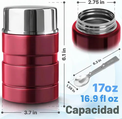 Vista 5 de Earth&ME Termo de acero inoxidable para alimentos calientes de 17 onzas con cuchara plegable, recipiente de alimentos aislado al vacío, termo de Rojo