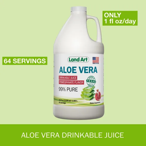 Vista 3 de Land Art Jugo de aloe vera puro – Sabor a granada – Procesado en frío – Filete interior de hojas frescas orgánicas de Texas – Ayuda, 64 onzas