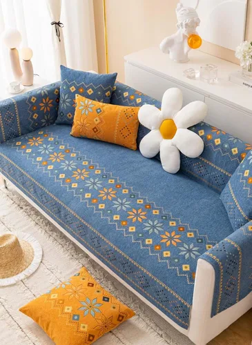 Vista 2 de Fundas de sofá individuales para silla, color azul oscuro, estilo bohemio, patrón geométrico de flores, fundas protectoras de sofá para perros