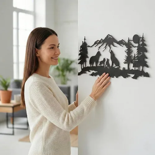 Vista 3 de DEKADRON Arte de pared de metal, arte familiar de lobos metálicos, arte de pared de naturaleza, lobo, montaña y árbol, decoración de pared de metal