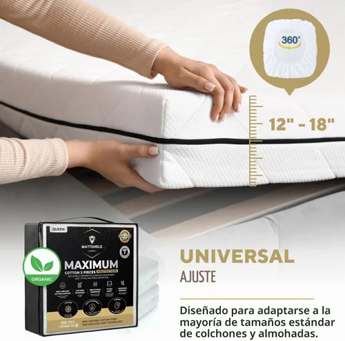 Vista 6 de MATTSHIELD - Juego máximo de 3 piezas – Protector de colchón impermeable de rizo de algodón orgánico individual + 2 protectores de almohada