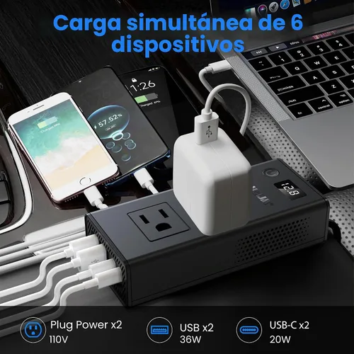 Vista 3 de Convertidor de voltaje de automóvil de 300 W, inversor de CC de 12 V a CA, puertos de 110 V, cargador de coche de carga rápida con enchufe