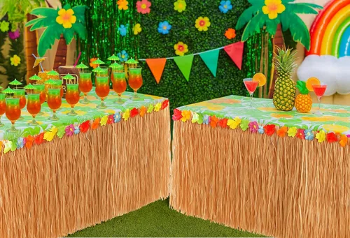 Vista 4 de GiftExpress 2 paquetes, 9 pies x 29.5 pulgadas, falda de mesa de hierba de color heno natural con flores de hibisco para fiesta hawaiana Luau
