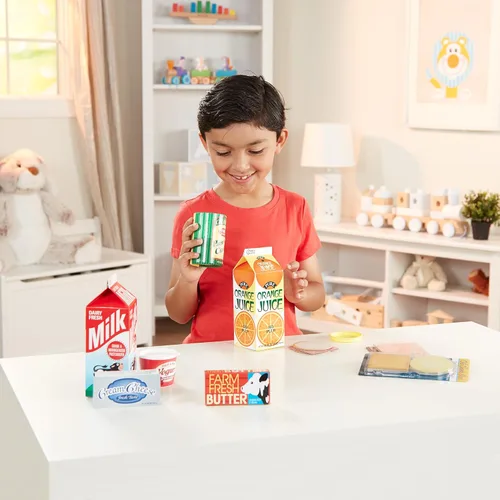 Vista 2 de Melissa & Doug - Cajas de alimentos de juguete para llenar el refrigerador (8 piezas), alimentos de madera para jugar, alimentos de simulación