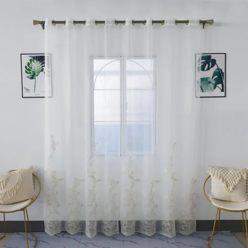 Vista 2 de Amidoudou 1 par de cortinas de tul bordadas de lujo para sala de estar, boda, cortinas transparentes con flores doradas 3D (blanco, 51 x 84 pulgadas)