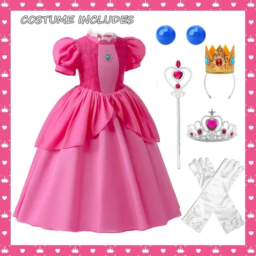 Vista 2 de KONLIYU Disfraz de princesa melocotón para niñas, disfraz de Halloween, cosplay, vestidos de margaritas para fiesta de cumpleaños