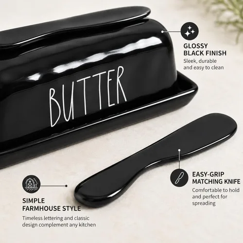 Vista 2 de TP Mantequillera con tapa, soporte para mantequilla de melamina para encimera con cuchillo, recipiente para mantequilla con tapa, irrompible