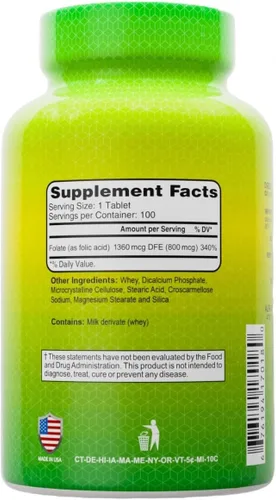 Vista 2 de ALFA VITAMINS Suplemento dietético de ácido fólico de 800 Mcg, folato natural, ayuda a apoyar la salud cardiovascular, el metabolismo, el cerebro