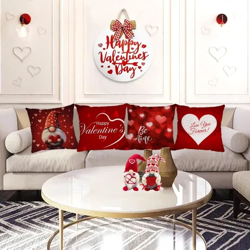 Vista 6 de YeeJu Juego de 4 fundas de almohada de 12 x 12 pulgadas con diseño de gnomo de corazón rojo con texto en inglés «Happy Valentines Day», fundas