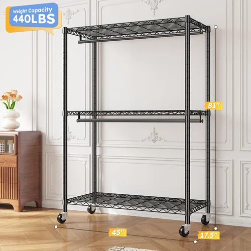 Vista 7 de Raybee Perchero de ropa de 45 pulgadas de ancho para colgar ropa, perchero con ruedas y pies ajustables, carga máxima de 440 libras, color negro