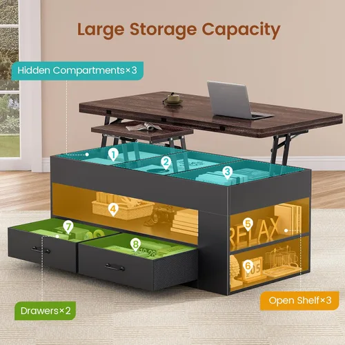 Vista 4 de Itaar - Mesa auxiliar con tapa elevable, mesa de centro 4 en 1 con almacenamiento y compartimento oculto, mesa de centro de estilo granja con 2