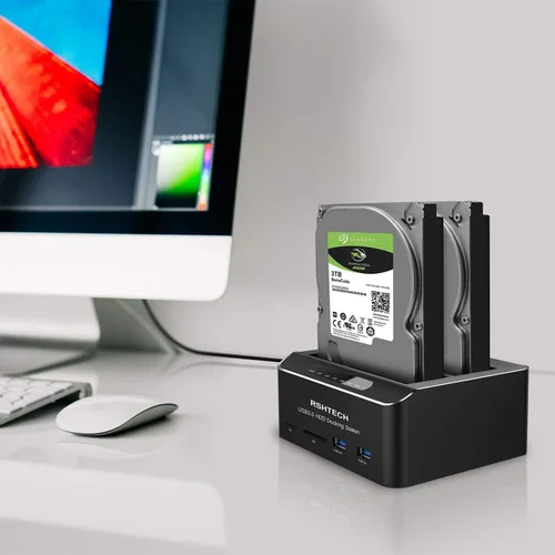 Vista 8 de Estación de acoplamiento para disco duro RSHTECH USB 3.0 Aluminio Dual Bay Hard Drive Dock para 2.5" y 3.5" SATA HDD SSD con lector de tarjetas