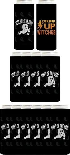 Vista 13 de Decoración espeluznante de Halloween Bebe brujas aquí para los abucheos 2 caras Paquete de 2 termoenfriadores ultra delgados para latas
