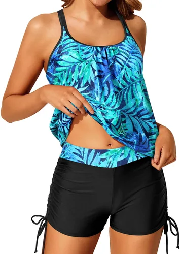 Vista 3 de Yonique Traje de baño tankini de dos piezas con tirantes delgados para mujer con pantalones cortos cruzados