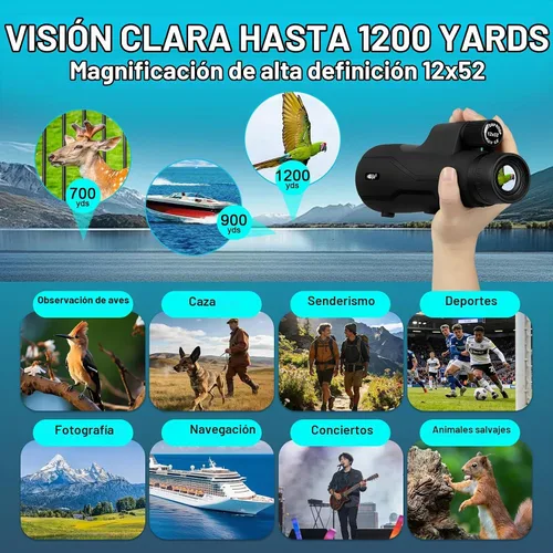 Vista 5 de BIJIA Telescopio monocular ED de 12 x 52 con trípode y adaptador de teléfono, prisma BAK4, lente totalmente multicapa, alcance impermeable de alta