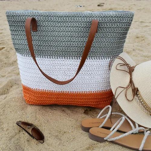 Vista 39 de Bolso grande de paja para mujer, tejido de ratán, bolso de playa de verano, a rayas