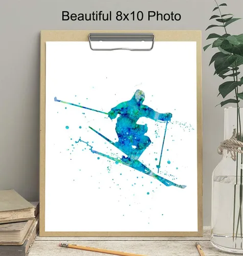 Vista 3 de Impresión artística de pared de acuarela de esquí, foto sin marco de 8 x 10 pulgadas, gran regalo para esquiadores y snowboarders, decoración