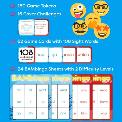 Vista 6 de Juego de bingo de palabras de vista THE BAMBINO TREE Nivel 1 y 2 - Juegos educativos para niños - Aprende a leer vocabulario para jardín de infantes