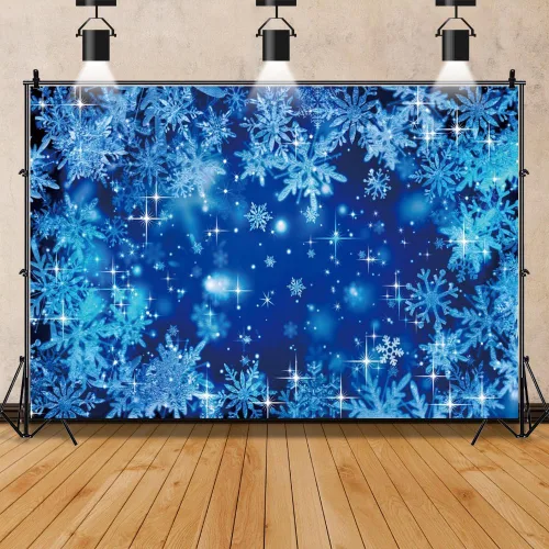 Vista 4 de Telón de fondo de invierno de 10 x 8 pies para fotografía, fondo de nieve azul, copo de nieve, fondo de nieve, decoración de fiesta de Año Nuevo
