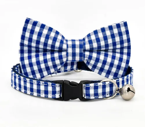 Vista 2 de Collar de Gato Azul con Diseño de Búfalo a Cuadros, Conjunto de Lazo para Boda/Cumpleaños, Collar Separable para Gatito