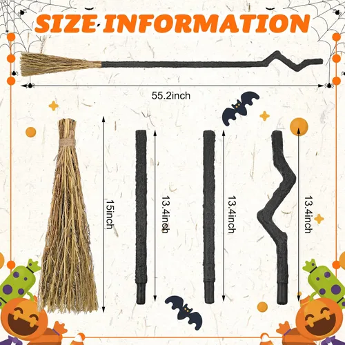 Vista 2 de Paquete de 2 4 piezas de escoba de bruja de mago torcido, escoba de bruja de Halloween, accesorio de decoración para hombres, mujeres y adultos
