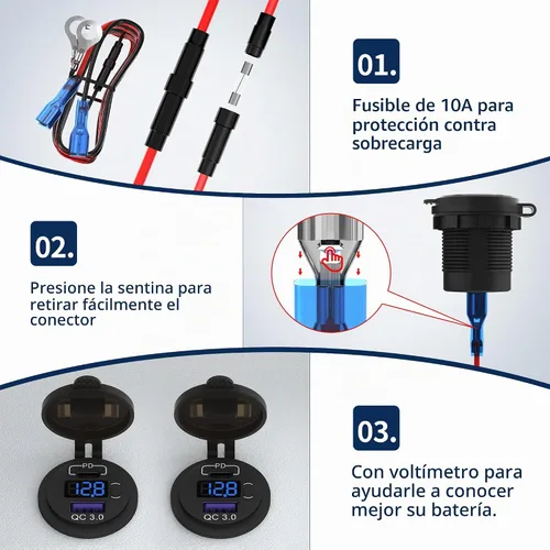 Vista 5 de DaierTek Paquete de 3 enchufes de cargador de coche USB C de 12 V, 48 W PD y QC 3.0 de carga rápida con voltímetro e interruptor