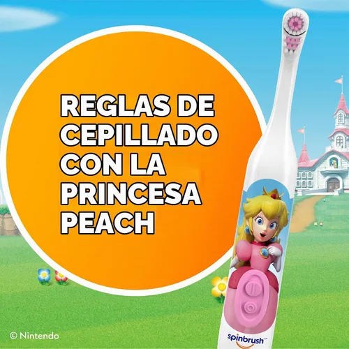 Vista 2 de Cepillo de dientes eléctrico Spinbrush para niños Princesa Peach, con batería y cerdas suaves