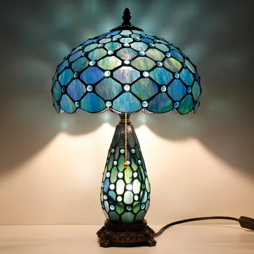 Vista 11 de Lámpara de Estilo Tiffany de Vidrio Manchado Azul Barroco de Mesa de 12X19 Pulgadas, Vaso Madre-Hija, Luz de Lectura para Escritorio, Decoración