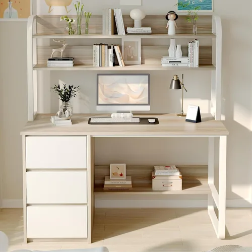 Vista 13 de MaverickFurni Escritorio para computadora de 60 pulgadas con estantes y hutch, escritorio de oficina en casa con 3 cajones de almacenamiento
