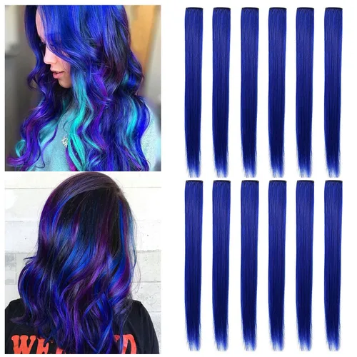 Vista 2 de 12 extensiones de cabello azul con clip en reflejos de 20 pulgadas, extensiones de cabello lacio de color liso con clip para mujer, peluca arcoíris