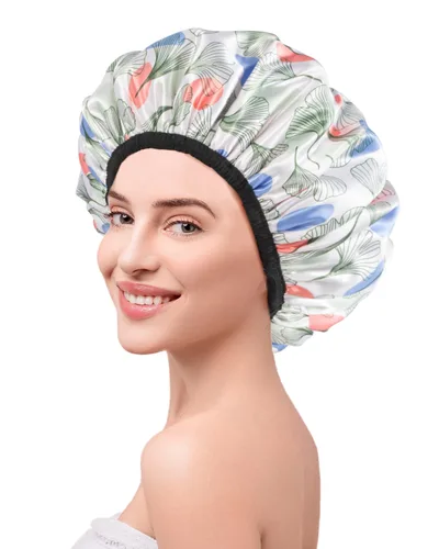 Vista 8 de Aquior Gorro de ducha con forro de rizo para mujer, gorro de ducha reutilizable, triple capa impermeable, extra grande para mujeres de pelo largo