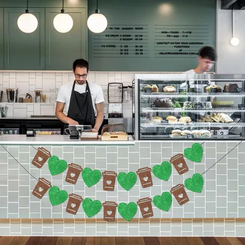Vista 7 de Cartel de barra de café verde, guirnalda de taza con purpurina y corazón, pancarta con leche para cumpleaños, despedida de soltera, compromiso