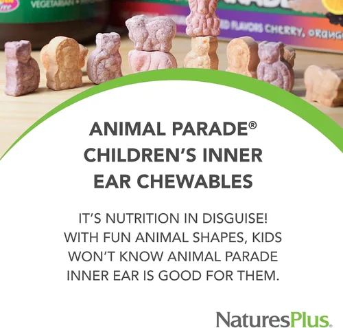 Vista 3 de NaturesPlus Animal Parade - Soporte masticable para el oído interno para niños, sabor a cereza natural, 90 tabletas en forma de animal, suplemento