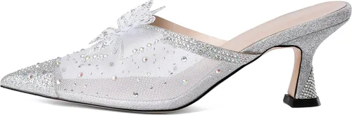 Vista 2 de AUMOTED Sandalias de tacón de gatito para mujer, sandalias con lazo de diamantes de imitación, tacón puntiagudo, zapatos de tacón bajo, pantuflas
