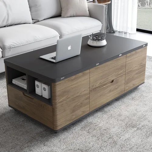 Vista 4 de Guyii - Mesa auxiliar elevable con 4 taburetes y ruedas, mesa central 3 en 1 con almacenamiento, mesa auxiliar marrón convertida en mesa de comedor