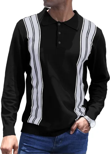 Vista 3 de CTU Camisas polo de manga larga a rayas vintage para hombre, camisas de golf