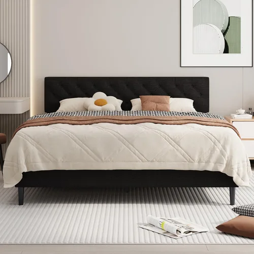 Vista 13 de BarnFurin Marco de cama tamaño completo con cabecero, cama de plataforma tapizada con cabecera acolchada con botones ajustables, marco de cama