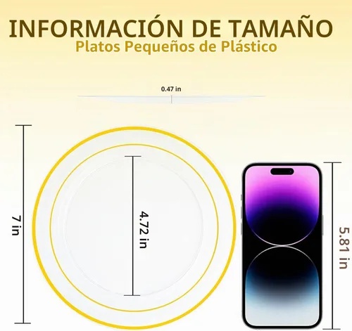 Vista 3 de I00000 100 piezas de pequeños platos de postre de oro transparente, platos desechables transparentes con borde dorado de 7 pulgadas, platos pequeños