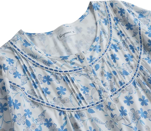 Vista 7 de Keyocean - Camisones para mujer, 100% algodón, suave, cómodo, ligero, manga corta, vestido de noche para damas Azul Floral en Crema