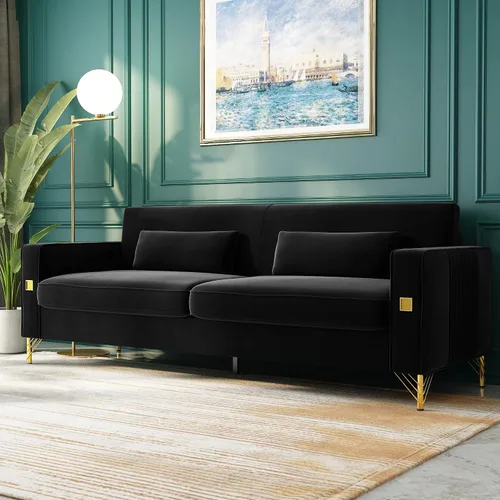 Vista 10 de Sofá Chesterfield de terciopelo de 85 pulgadas, moderno de mediados de siglo, cómodo sofá con almohadas para sala de estar, dormitorio, muebles