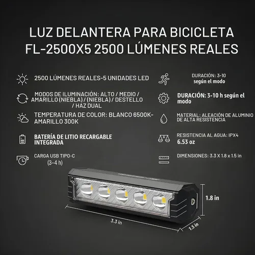 Vista 6 de Energlow - Luz de bicicleta de 2500 lúmenes Faro de bicicleta recargable USB-C de 5 LED IPX4 impermeable, 5 modos con doble haz blanco