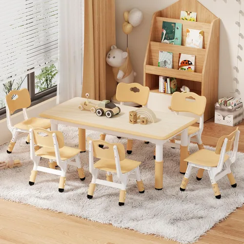 Vista 7 de Mesa y sillas para niños, Mesa y sillas para niños, Mesa y sillas para niños, Mesa para niños (6 sillas), Juego de mesa y silla para niños de 5 a 8